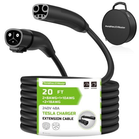EV Tesla Charger Extension Cable, 20ft 48Amp 240Volt Max 11.5kW with NACS Plug, Extension Cord for Level 1/2 Tesla Mobile Charger/Wall Connector, Extension Cord for Model X/Y/3/S, CE/FCC Certificated EVMaster