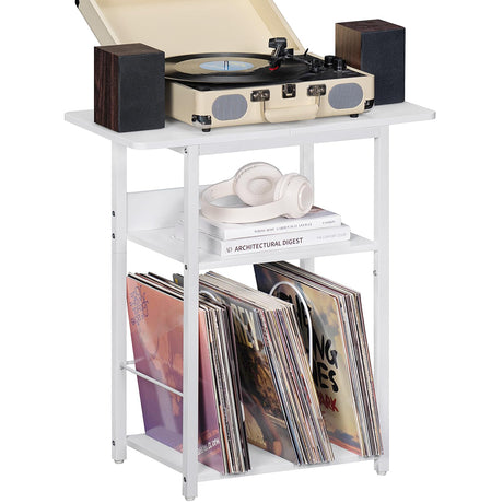 LEBOAHOUS 3 Tier Record Player Stand, Industrial Turntable With Storage Shelf for 100 Albums, White Printer Stand for Office Fax Machine Files Scanner, End Side Table for Living Room, Bedroom LEBOAHOUS