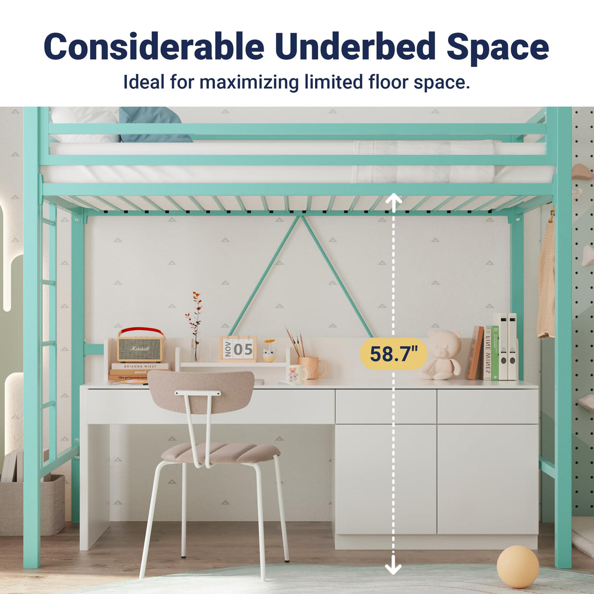 Allewie Metal Loft Bed Twin Size with Guardrail and Ladder, Small Space Saving Design for Bedroom Kid Room and Dorm, No Box Spring Needed, Green Allewie