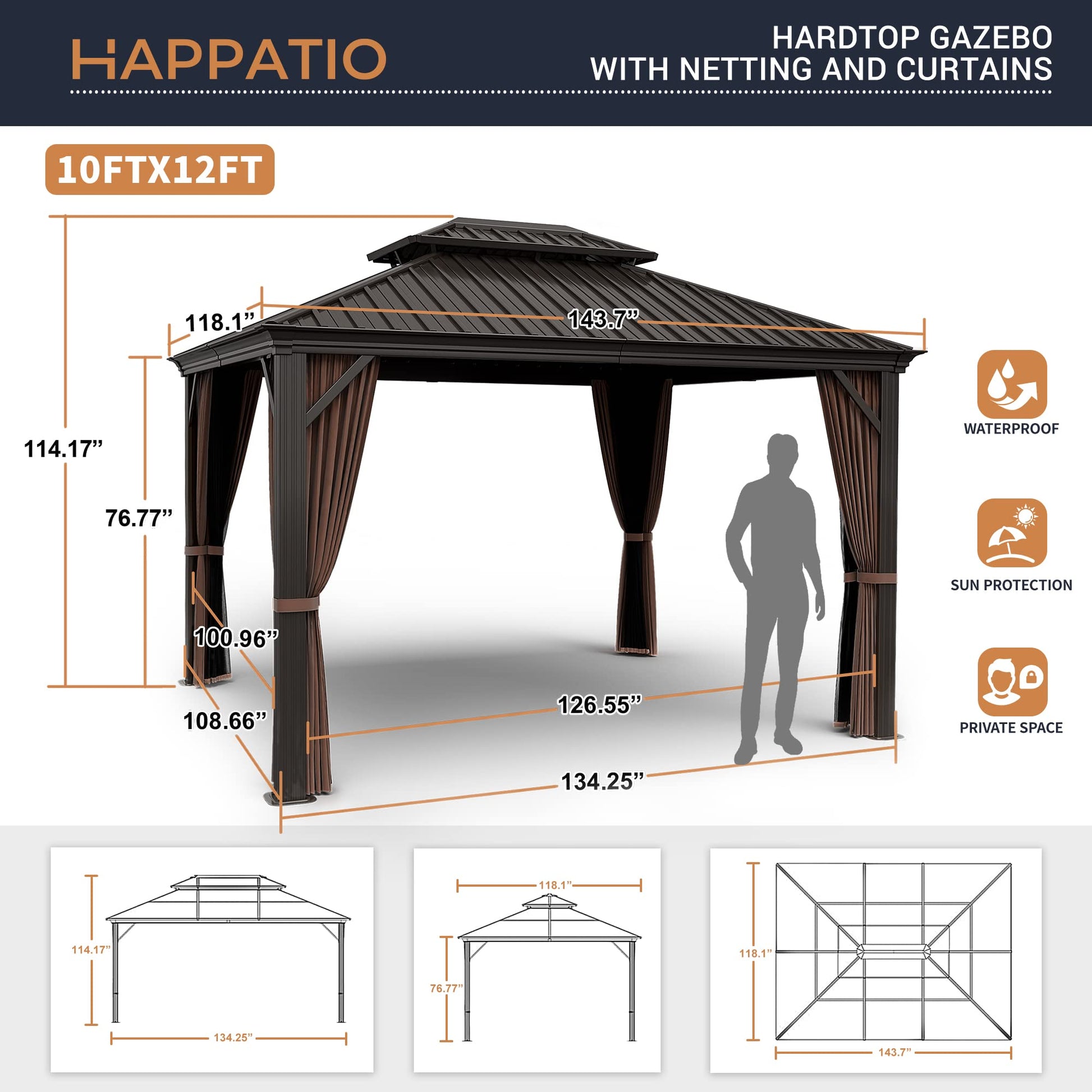 HAPPATIO 10' x 12' Hardtop Gazebo, Gazebo with Netting and Curtains, Double Roof Permanent Patio Metal Gazebo Canopy for Patio, Deck, Backyard (Dark Brown) - WoodArtSupply