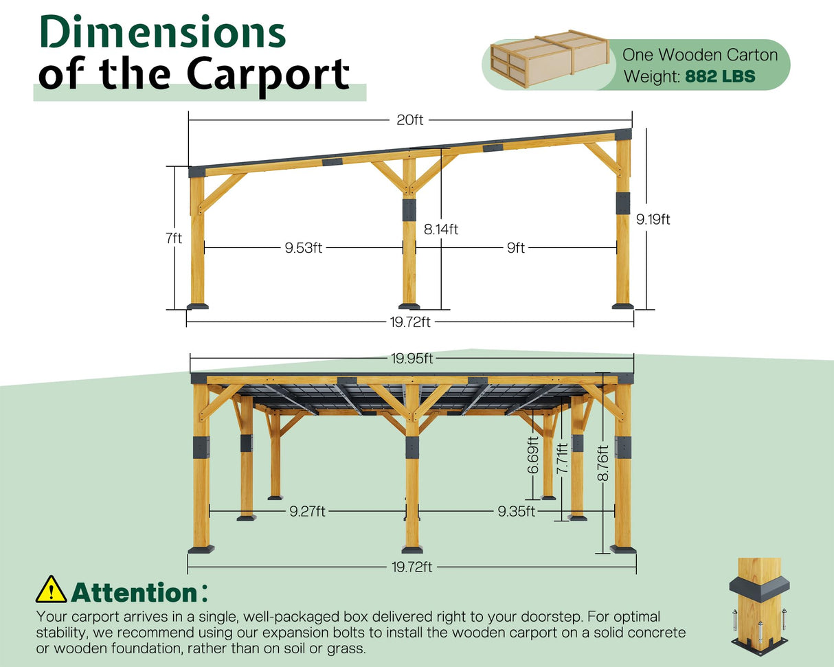 Jocisland 20x20x9.2 FT Cedar Wood Carport with Sloped Galvanized Steel Roof, Heavy Duty Outdoor Shelter for 2 Cars, Trucks, Boats & Tractors, Wind & Snow Resistant Pitch Roof Design Jocisland