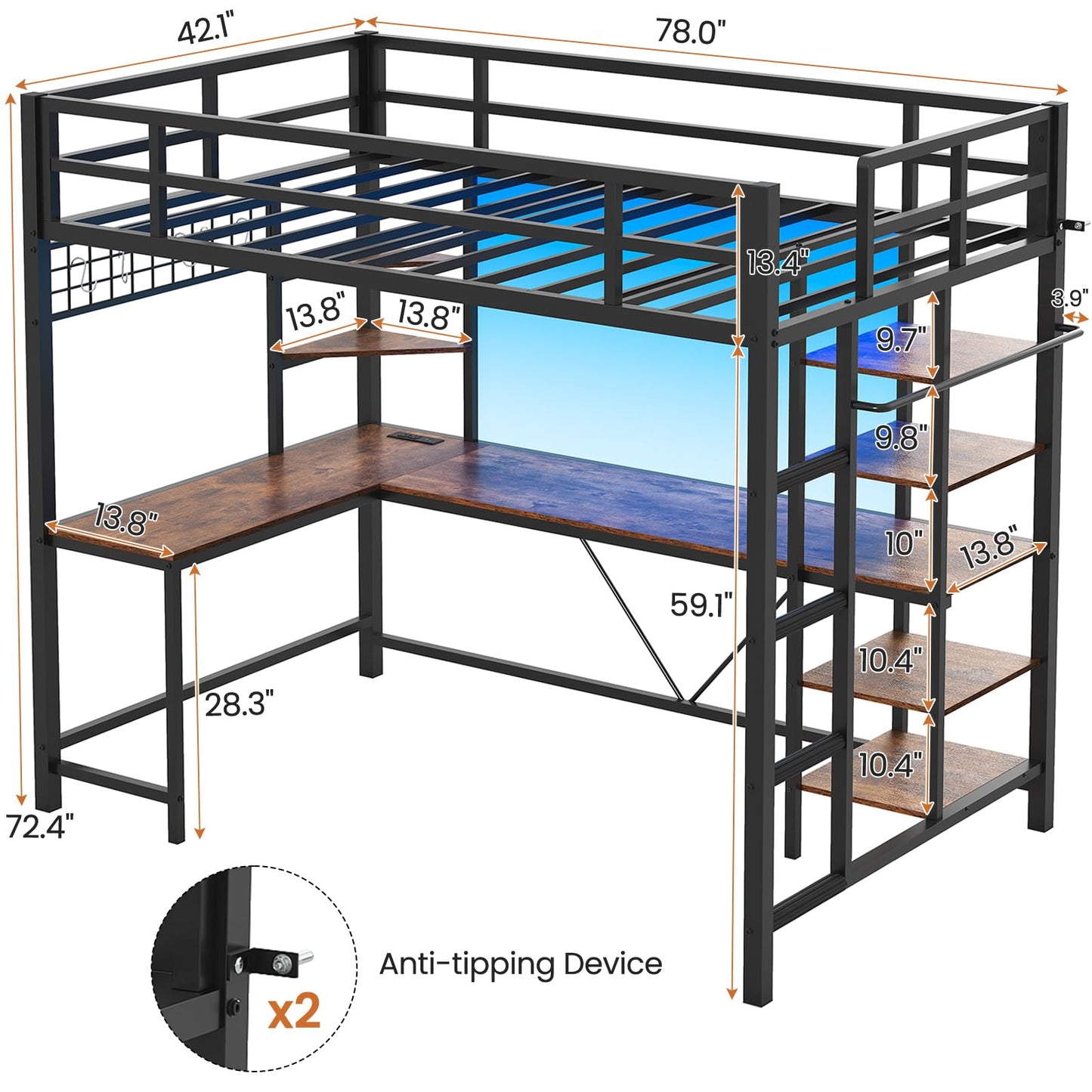 MSmask Loft Bed Twin Size with L Shaped Desk, LED Lights, Charging Station, Heavy Duty Metal Loft Bed Frame with 6 Storage Shelves, Safety Guard & Ladder, No Box Spring Needed, No Noise, Black