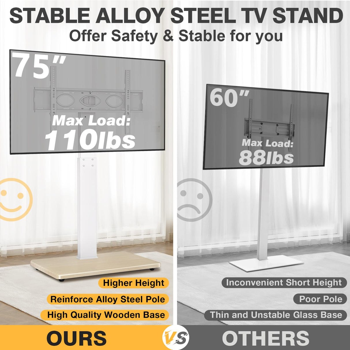 TV Floor Stand for 32-75 Inch Plasma LCD LED OLED Flat Panel or Curved Screen TVs, Swivel TV Stand Mount with Height Adjustment and Sturdy Wood Base, White TAVR Furniture