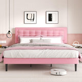 CXVX King Size Bed Frame with Headboard, Platform Bed Frame with Velvet Upholstered Button Tufted Headboard, Wood Slats Support, No Box Spring Needed, Mattress Foundation, Easy Assembly, Pink CXVX