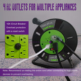 GREATIDE Heavy Duty Extension Cord Storage Reel with 4Grounded Outlets, 10A Circuit Breaker, Retractable Hand Wind, Portable Empty Hand Crank Open Cord Reel for 12/3 14/3 16/3 Gauge Power Cord, Green GREATIDE