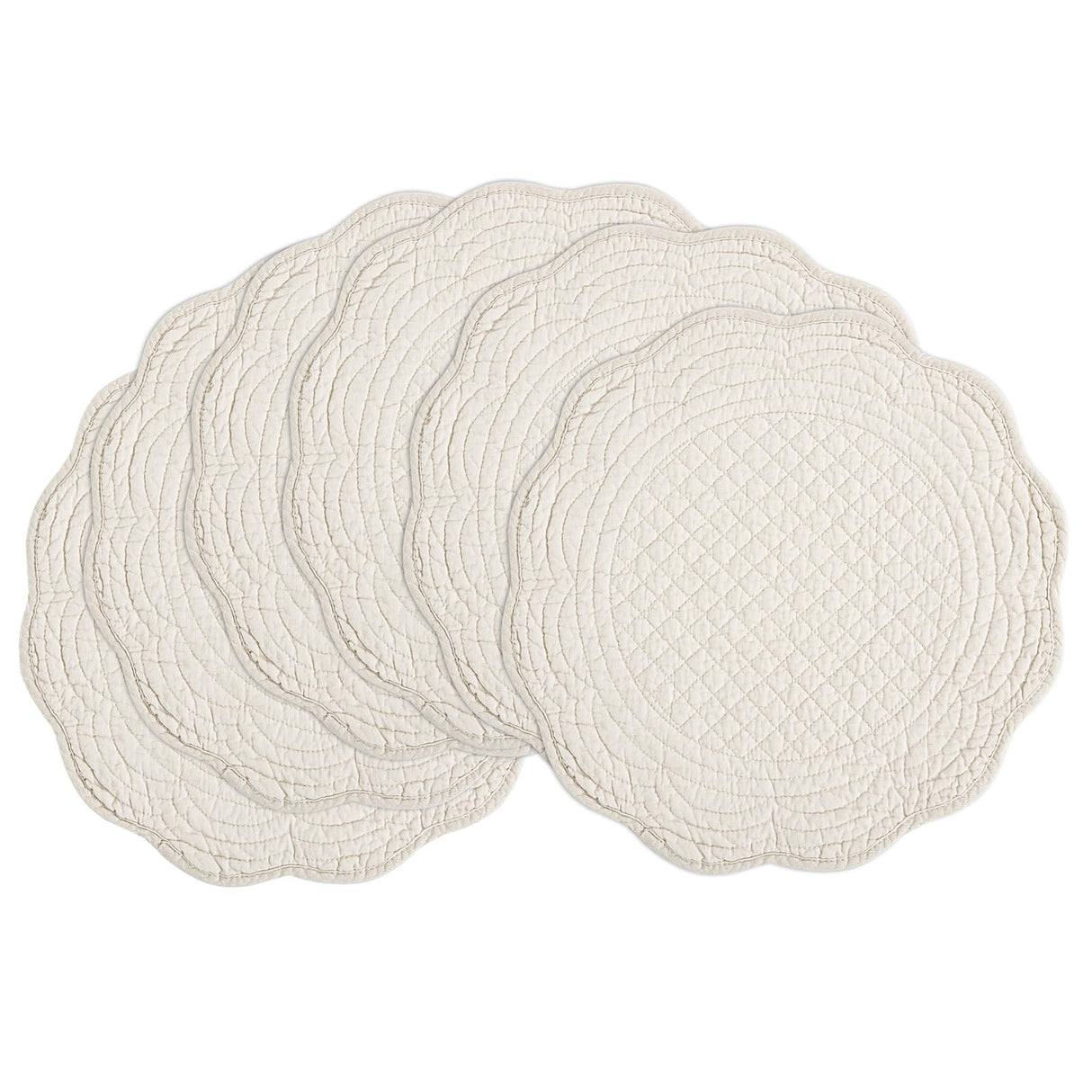 BALAPET Quilted Placemats Set of 6, 100% Cotton 14" Table Mats Farmhouse Style, Reversible Round Tabletop with Scalloped Edges for Kitchen Dinner Party Holidays, Natural, Machine Washable BALAPET