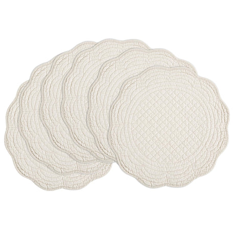 BALAPET Quilted Placemats Set of 6, 100% Cotton 14" Table Mats Farmhouse Style, Reversible Round Tabletop with Scalloped Edges for Kitchen Dinner Party Holidays, Natural, Machine Washable BALAPET