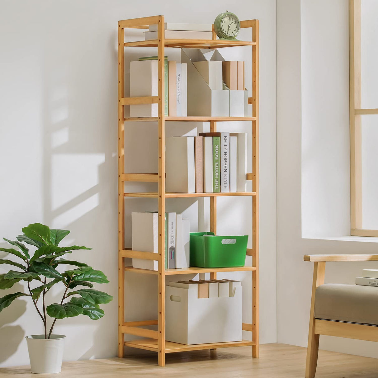 MoNiBloom Bamboo 5 Tier Bookshelf Bookcase Shelf Storage Organizer, Free-Standing Utility Plant Flower Rack for Living Room Office Bedroom Kitchen, Natural MoNiBloom