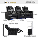 Weilianda Home Theater Seating Top Grain Leather Zero Gravity Recliner Chair Power Headrest Recline Movie Seat Gaming 7 Colors Mood Light Sofa with Tray Table USB Charge Row of 3 Black Weilianda