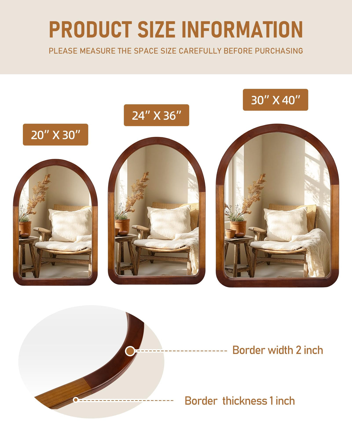 Arched Mirror 24 x 36 Inch,Brown Wood Rustic Bathroom Tempered Wall Mirror with Wood Frame,Round Corner Arch Farmhouse Wooden Vanity Mirror for Living Room,Entryway or Bedroom（Walnut Brown） CULER