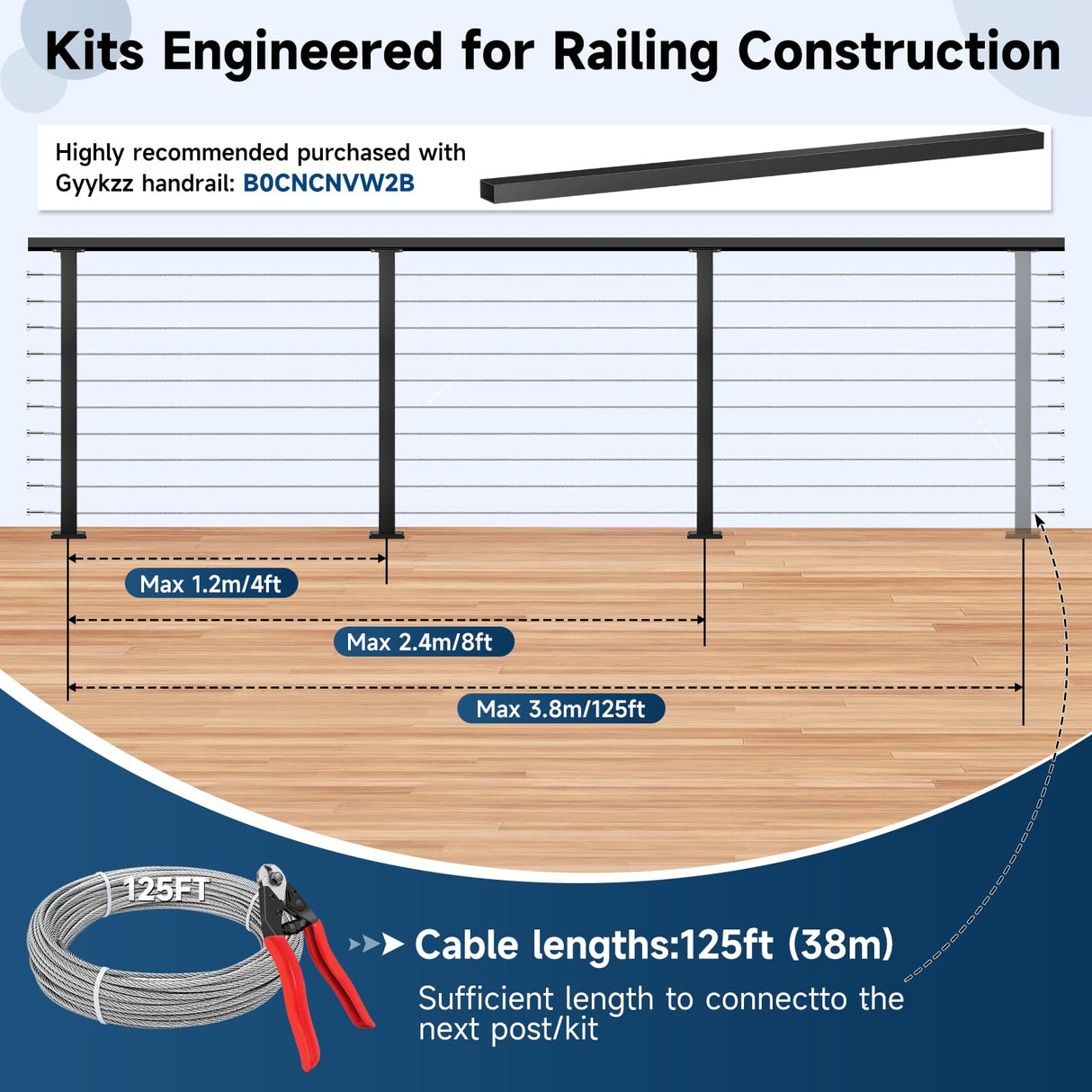 Gyykzz One-Stop Cable Railing Post Kit, 3 Pack Level Drilled Deck Post 36", Fixed Top Cable Railing System Including 3 Railing Post, 125ft Cable, 20 Terminal, 60 Cable Grommets (No Handrail) Gyykzz