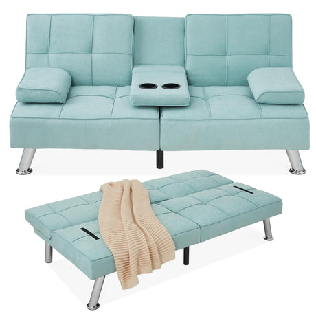 Best Choice Products Linen Modern Folding Futon, Reclining Sofa Bed for Apartment, Dorm w/Removable Armrests, 2 Cupholders - Aqua Best Choice Products