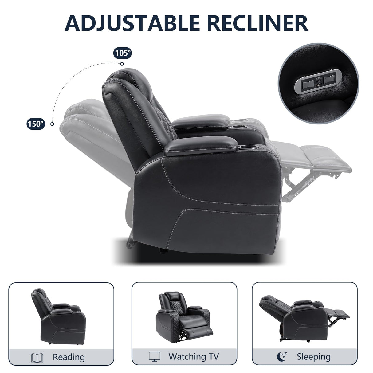 CANMOV Electric Power Recliner Chair with Adjustable Headrest,Breathable Faux Leather Home Theater Seating with Ambient Lighting,Cup Holders,Hidden Arm Storage,USB,Type-C Ports,Black CANMOV