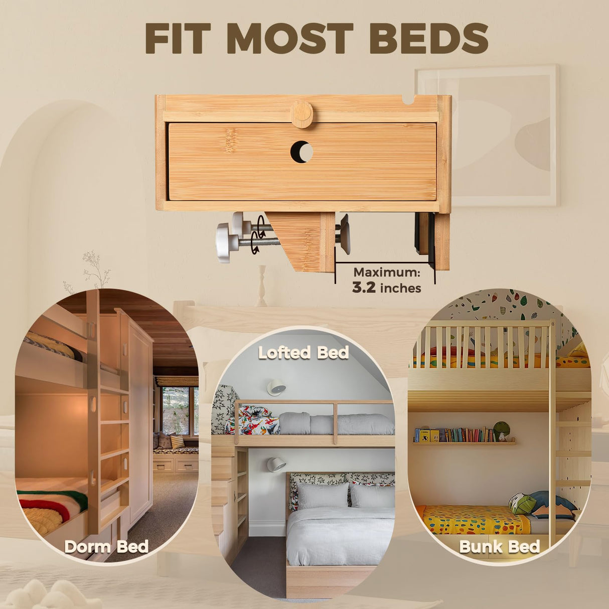 Vekkia Natural Bamboo Bedside Shelf with Drawers - for College Dorm Bunk Beds, Blending Decor and Storage Vekkia