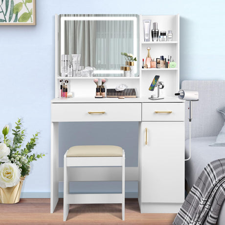 QUALIKRAFT Vanity Set, Vanity Desk with Mirror and Lights, Vanity Desk with Drawers, Vanity with Charging Station, Vanity with Chair, Vanity with Storage, White Vanity, Makeup Vanity，Bedroom Vanity QUALIKRAFT