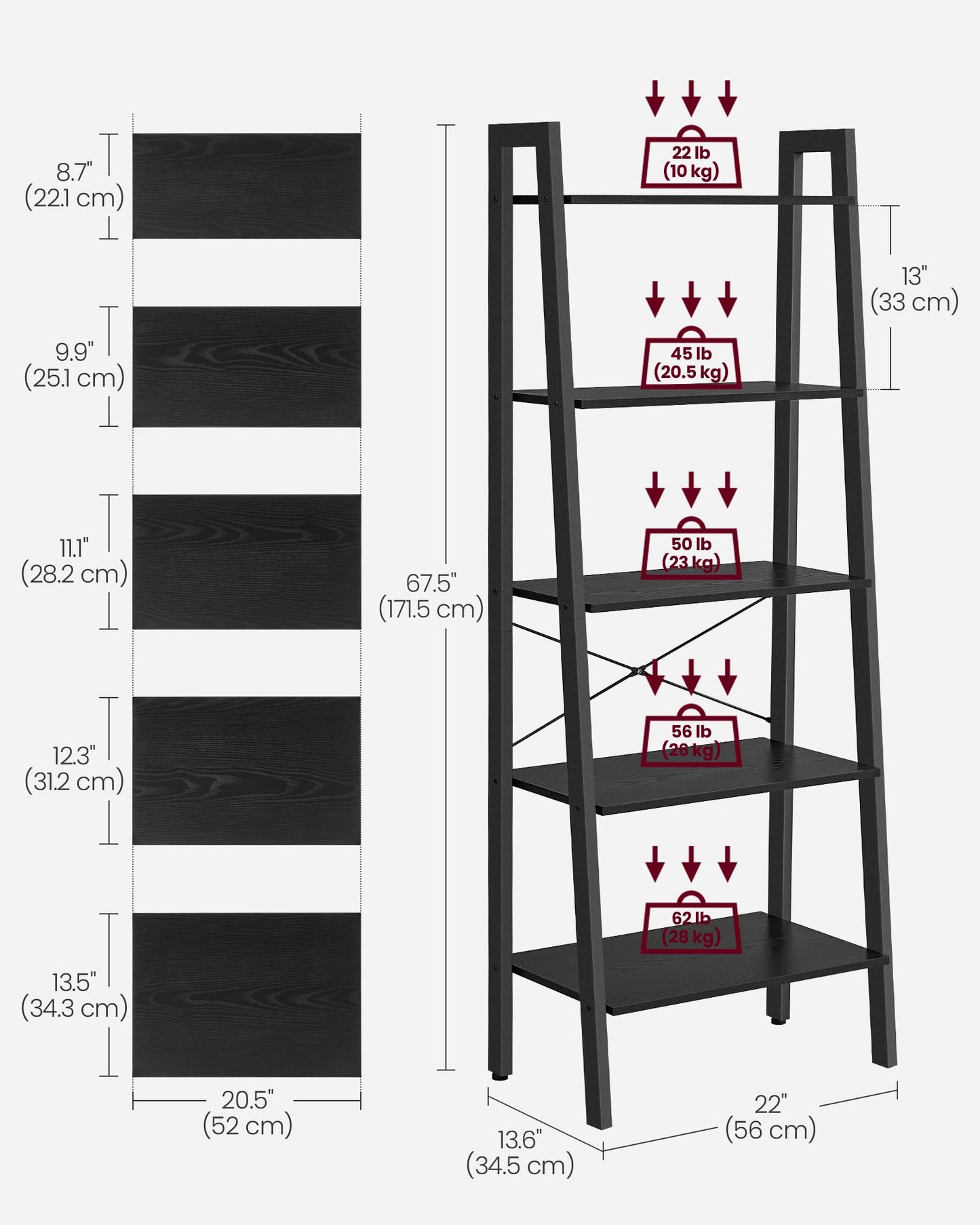 VASAGLE Ladder Shelf, 5-Tier Bookshelf, Storage Rack, Bookcase with Steel Frame, for Living Room, Home Office, Kitchen, Bedroom, Industrial Style, Ebony Black and Black ULLS045B56