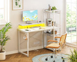 ODK Reversible Gaming Desk with USB Charging Port and LED Lights, 40 Inch Computer Desk with Storage Shelves & Monitor Stand, Writing Study Table for Home Office, Small Space Bedroom, White ODK