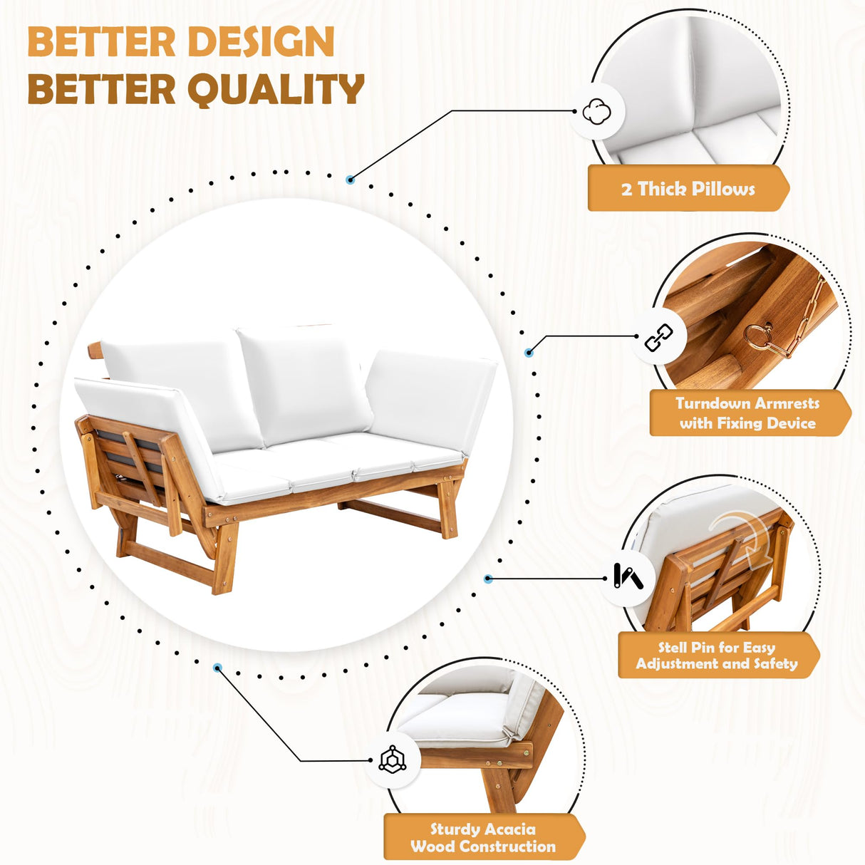 Greesum Patio Convertible Couch Sofa Bed with Adjustable Armrest, Acacia Wood Outdoor Daybed with Cushion & Pillow, Folding Chaise Lounge Bench for Porch Courtyard Poolside，White Greesum