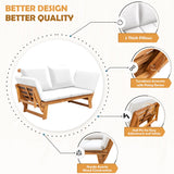 Greesum Patio Convertible Couch Sofa Bed with Adjustable Armrest, Acacia Wood Outdoor Daybed with Cushion & Pillow, Folding Chaise Lounge Bench for Porch Courtyard Poolside，White Greesum
