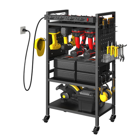 zsttion Power Tool Organizer Cart with Charging Station, 4-Tier Rolling Tool Cart for Garage Storage,Heavy-Duty Floor-Standing Storage Rack with 8-Outlet Power Strip,Supports 500 lbs zsttion
