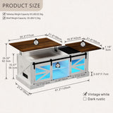 Farmhouse Coffee Table, Lift Top Coffee Table with Gun Cabinet, 2 Sliding Barn Doors-Large Storage and 3 Color LED Lights fit Modern Rectangular Rustic Living Room Center Table,White FREDEES