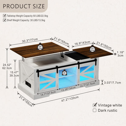 Farmhouse Coffee Table, Lift Top Coffee Table with Gun Cabinet, 2 Sliding Barn Doors-Large Storage and 3 Color LED Lights fit Modern Rectangular Rustic Living Room Center Table,White