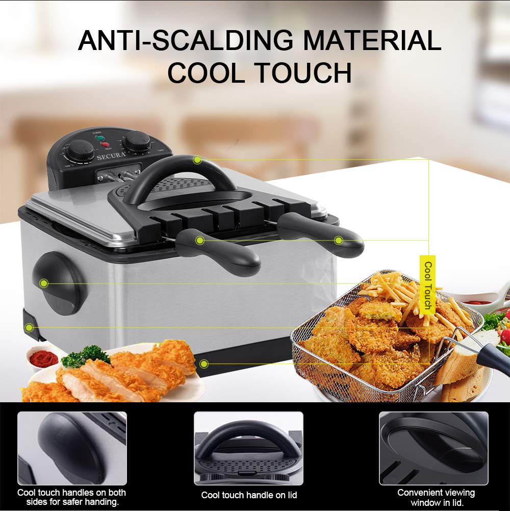 Secura 1700-Watt Stainless-Steel Triple Basket Electric Deep Fryer with Timer Free Extra Odor Filter, 4L/17-Cup,Silver Secura