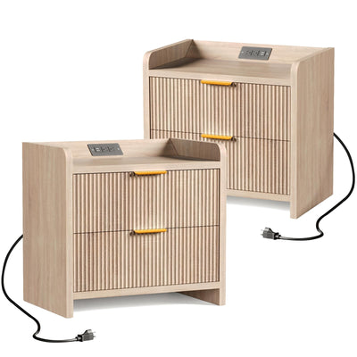SEPTBOT Fluted Nightstand Set of 2, 23.6" Night Stand with Charging Station,Modern Side Table with 2 Drawers,Bedside Table for Bedroom,Living Room,Natural Oak
