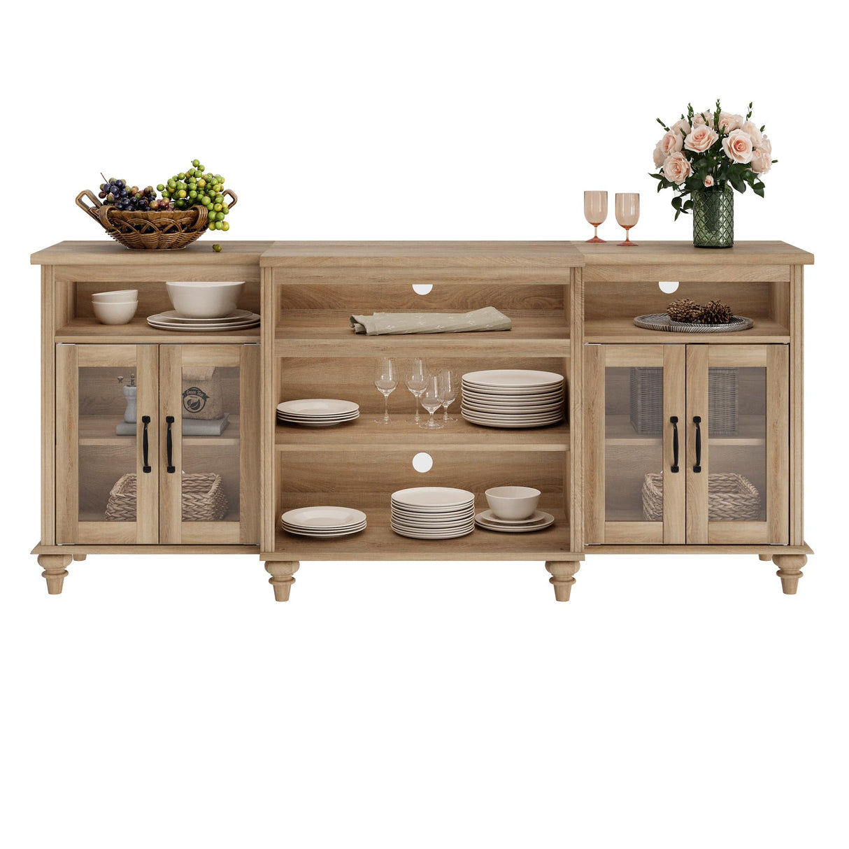 WAMAPT Buffet Cabinet with 4 Glass Doors, Large Coffee Bar Tables Wood Kitchen Storage Cabinets with 9 Storages, Modern Farmhouse Sideboard Credenza for Dining Room, Oak, 70 inch WAMPAT