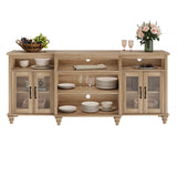 WAMAPT Buffet Cabinet with 4 Glass Doors, Large Coffee Bar Tables Wood Kitchen Storage Cabinets with 9 Storages, Modern Farmhouse Sideboard Credenza for Dining Room, Oak, 70 inch WAMPAT