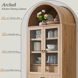 IFGET 71" Tall Arched Kitchen Pantry Cabinet, Modern Farmhouse Kitchen Storage Cabinets with Open & Adjustable Shelves, Hidden Drawer & Glass Door, Versatile Cupboard for Kitchen, Dining Room, Natural IFGET