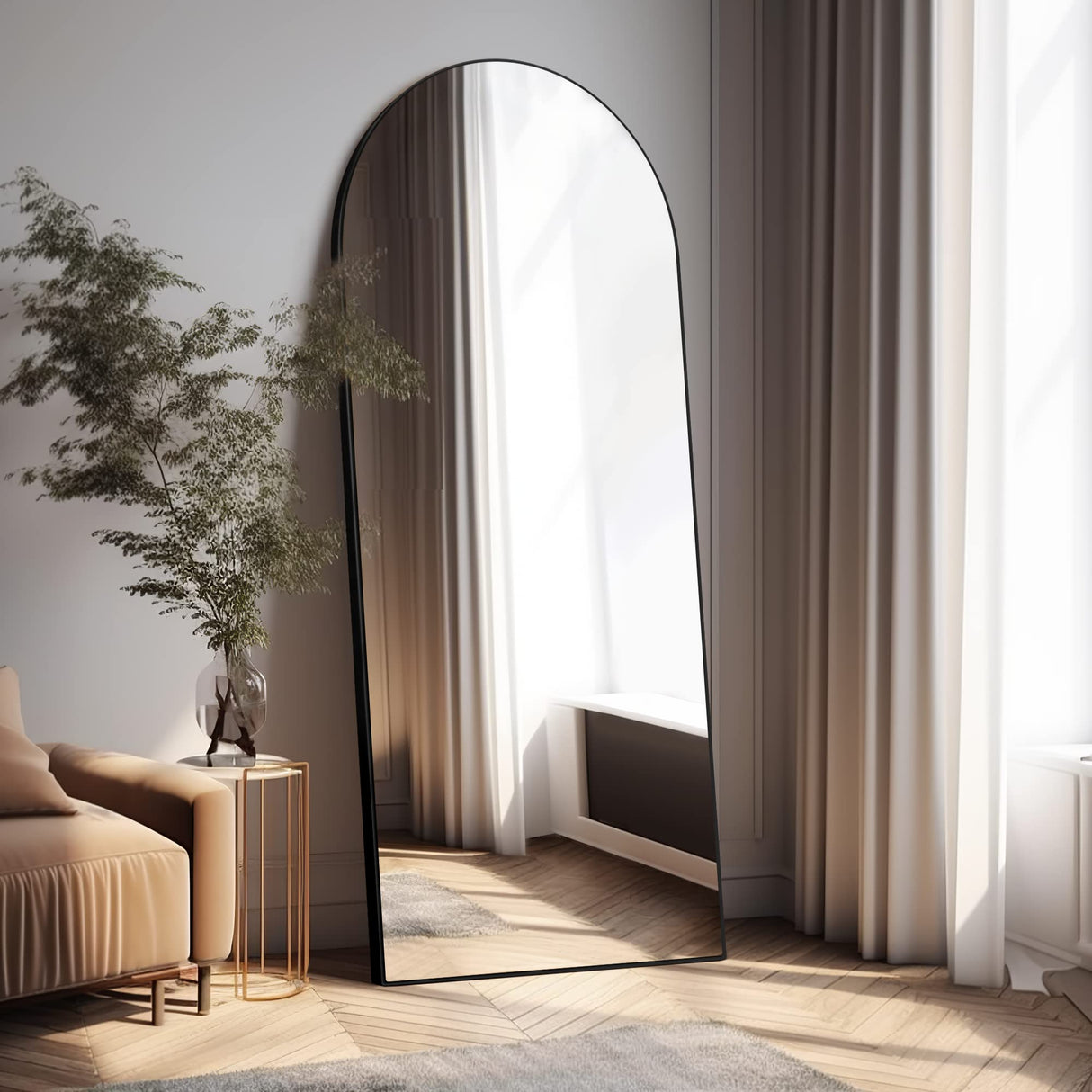 PexFix Arched Full Length Mirror Arched Wall Mirror Floor Mirror with Stand Contemporary Full Length Mirror with Black Wood Frame, 65''x22'' PexFix