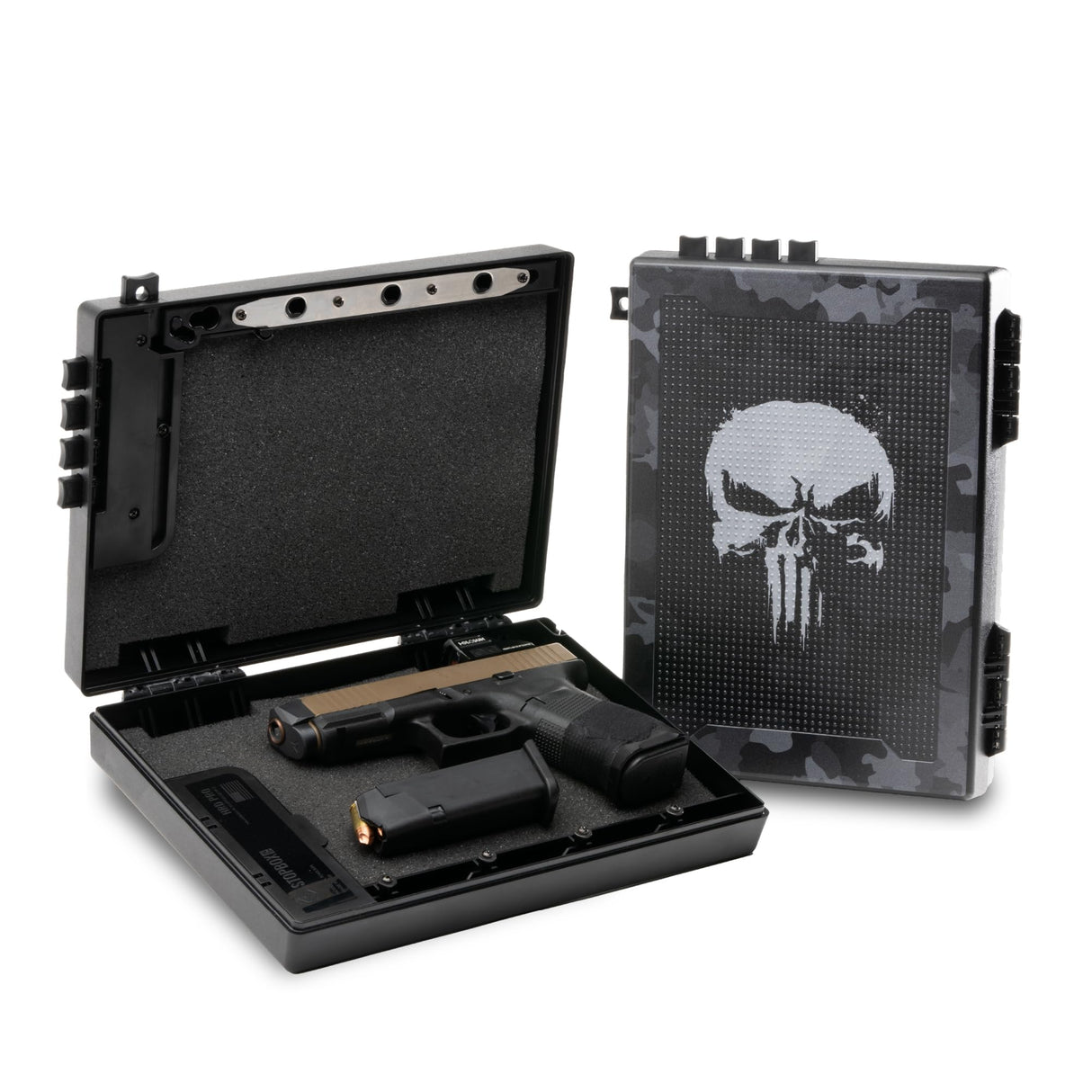 STOPBOX Gun Safe Alternative - Tactical Handgun Storage, Instant Access Portable Gun Case, TSA Compliant Gun Lock Box for Quick Handgun Access | SKULL CAMO + BLACK (2 Pack) | Full-Size Only STOP BOX