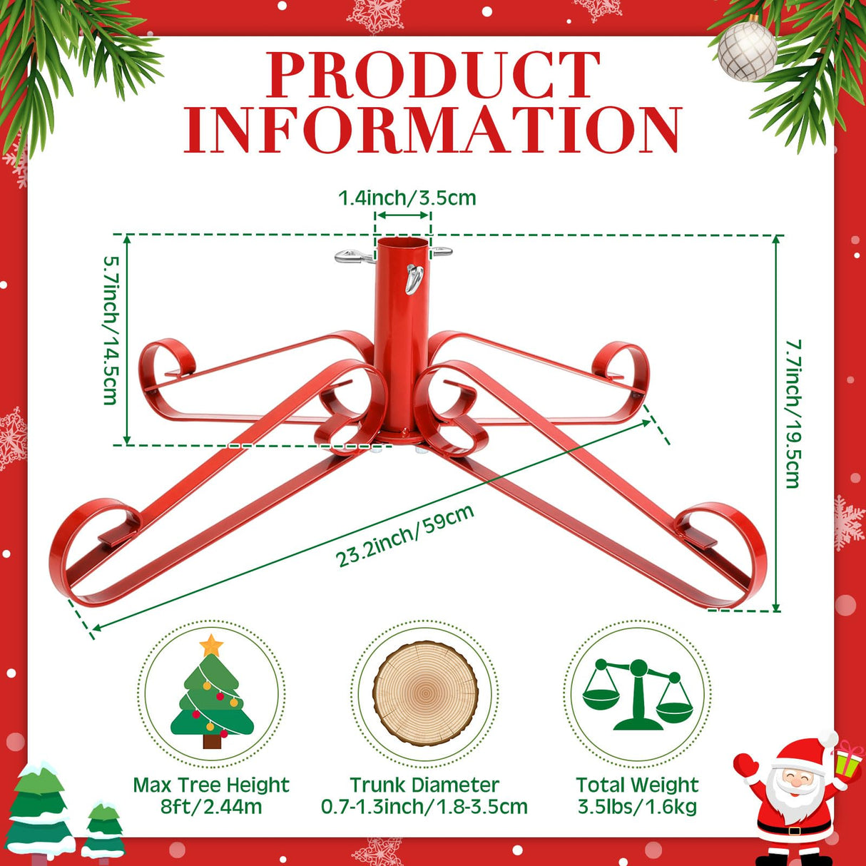 Foilswirl Christmas Tree Stand for Artificial Fake Tree Holder 4 to 8 FT Iron Metal Adjuatable Xmas Tree Base with Thumb Screw Indoor Outdoor Holiday Party Decor Fits Up to 1.4" Tree Trunk (Red) Foilswirl
