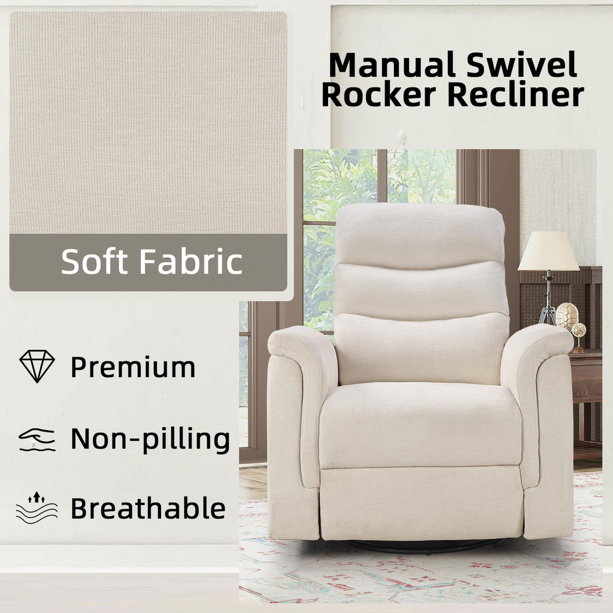 INZOY Swivel Rocker Recliner, Nursery Glider Chair, Manual Chairs Swivel Glider Recliners with Soft Backrest, Fabric Manual Reclining Sofa for Living Room Bedroom Apartment, Beige INZOY