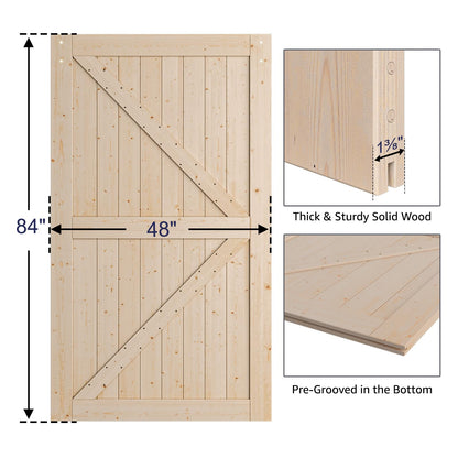 SMARTSTANDARD 48in x 84in Sliding Barn Door with 8ft Barn Door Hardware Kit & Handle, Pre-Drilled Ready to Assemble, DIY Unfinished Solid Spruce Wood - WoodArtSupply