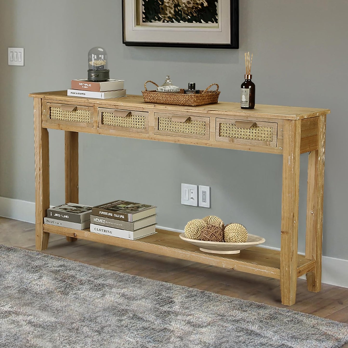 Wnutrees Farmhouse Console Table with 4 Rattan Drawers, 60" Long Narrow Boho Foyer Sofa Tables with Open Storage Shelves for Entryway,Hallway,Living Room, Natural - WoodArtSupply