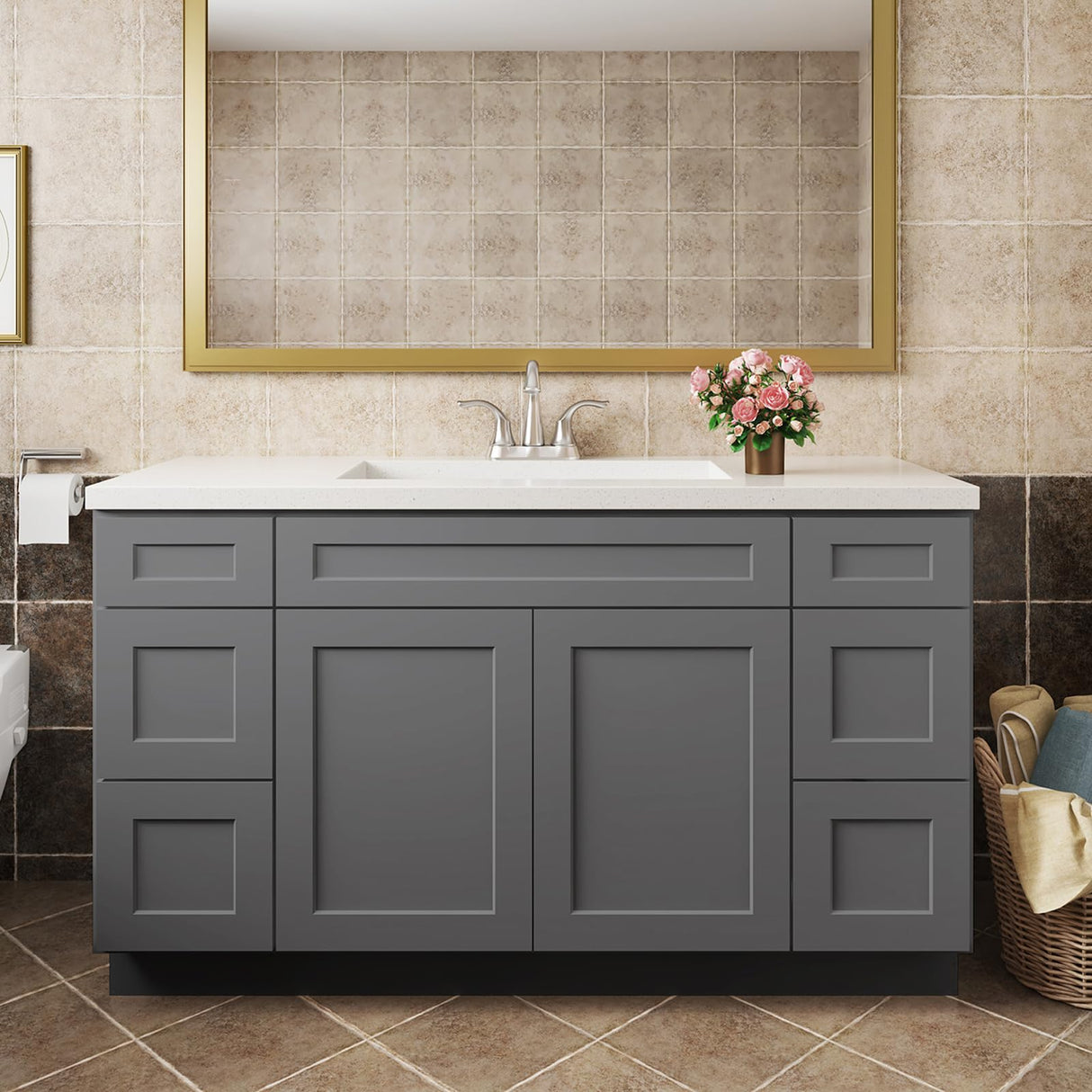 ROOMTEC 60" Assembled Bathroom Vanity Double Drawer Base Cabinet with Soft-Close Door & 6 Drawers, Large Capacity Single Sink for Laundry, Kitchen, Shower & Utility Rooms ROOMTEC