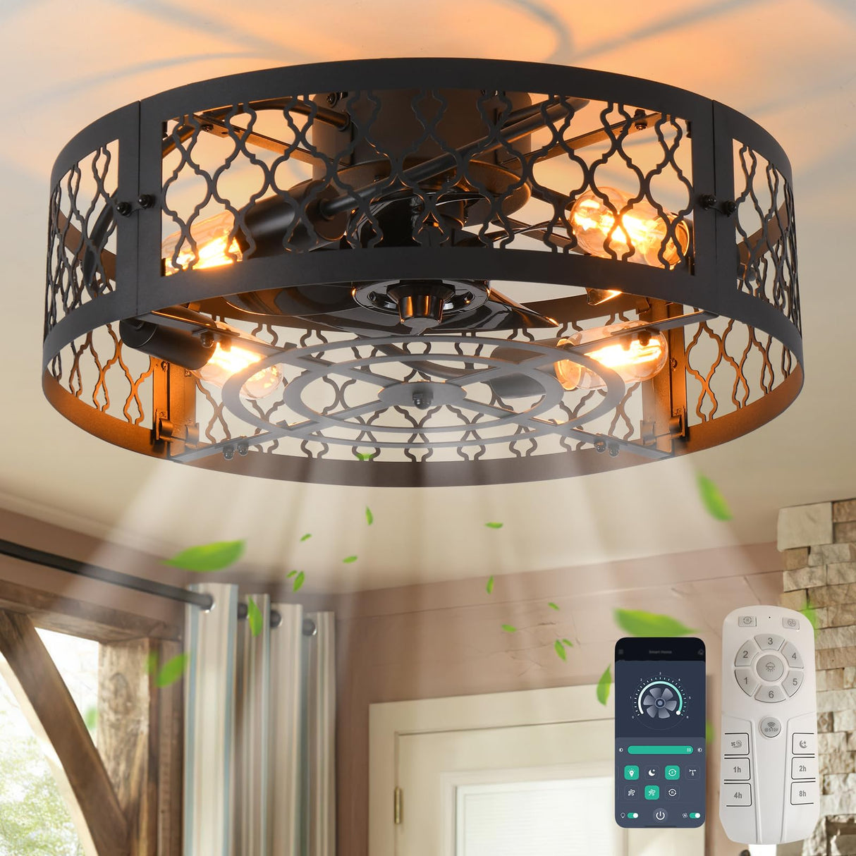 Garwarm 20in Caged Ceiling Fan with Light,Bladeless Black Fandelier Ceiling Fan with Remote,Industrial Farmhouse Flush Mount Ceiling Fan Light Fixtures for Kitchen,Bedroom, Living room（6 Speed,Timing） Garwarm