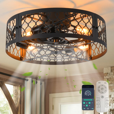 Garwarm 20in Caged Ceiling Fan with Light,Bladeless Black Fandelier Ceiling Fan with Remote,Industrial Farmhouse Flush Mount Ceiling Fan Light Fixtures for Kitchen,Bedroom, Living room（6 Speed,Timing） Garwarm