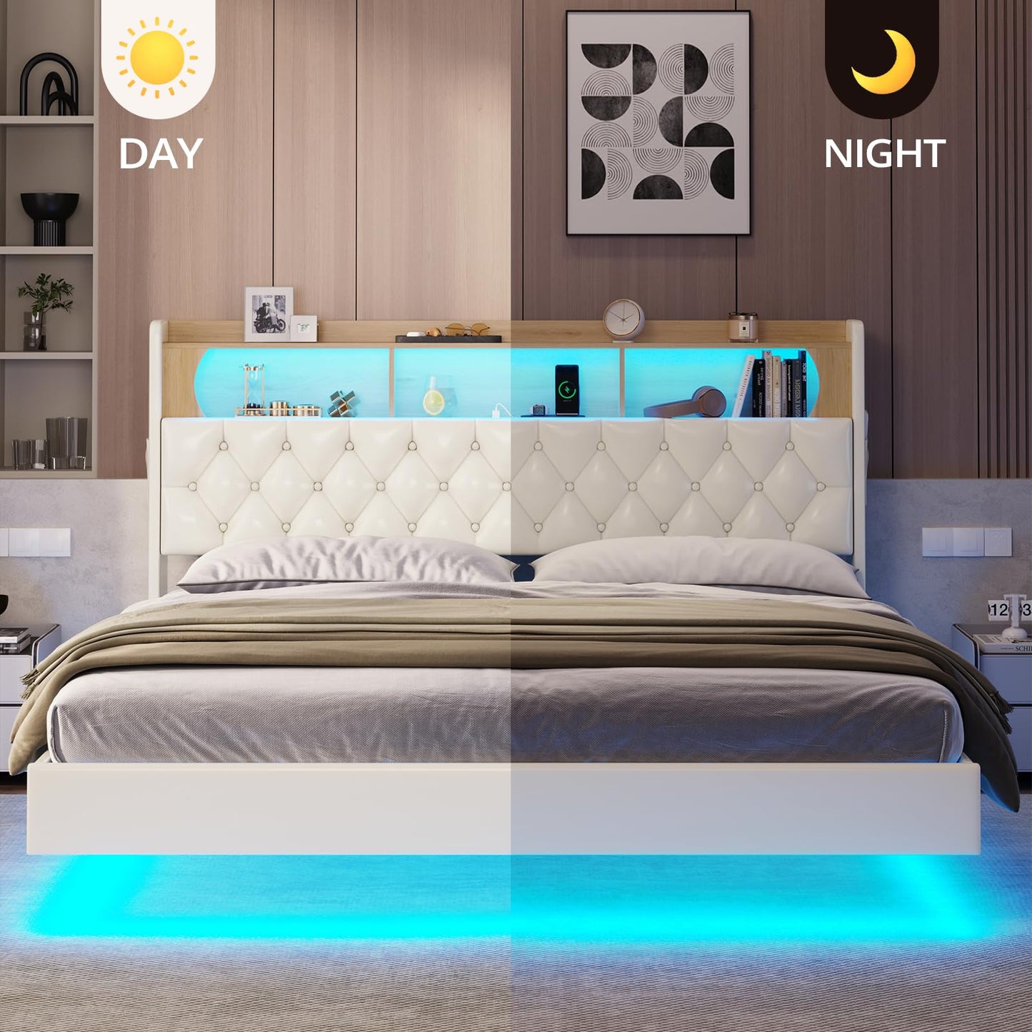 BTHFST Floating Bed Frame with LED Headboard, USB Charging, and Storage Solutions - WoodArtSupply