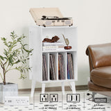 Lerliuo Record Player Stand with Charging Station, White Turntable Stand Holds up to 160 Albums, Mid-Century Vinyl Storage Cabinet Table with Wood Legs, Record Holder Dispaly Shelf for Living Room Lerliuo