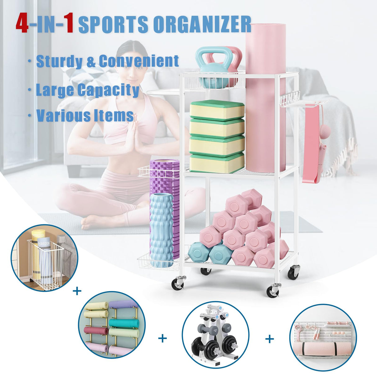LIANTRAL Yoga Mat Storage Rack - Metal Gym Organizer for Yoga Mats, Foam Rollers & Fitness Equipment, Space Saving Workout Equipment Storage Rack for Home Exercise and Fitness Gear, White LIANTRAL