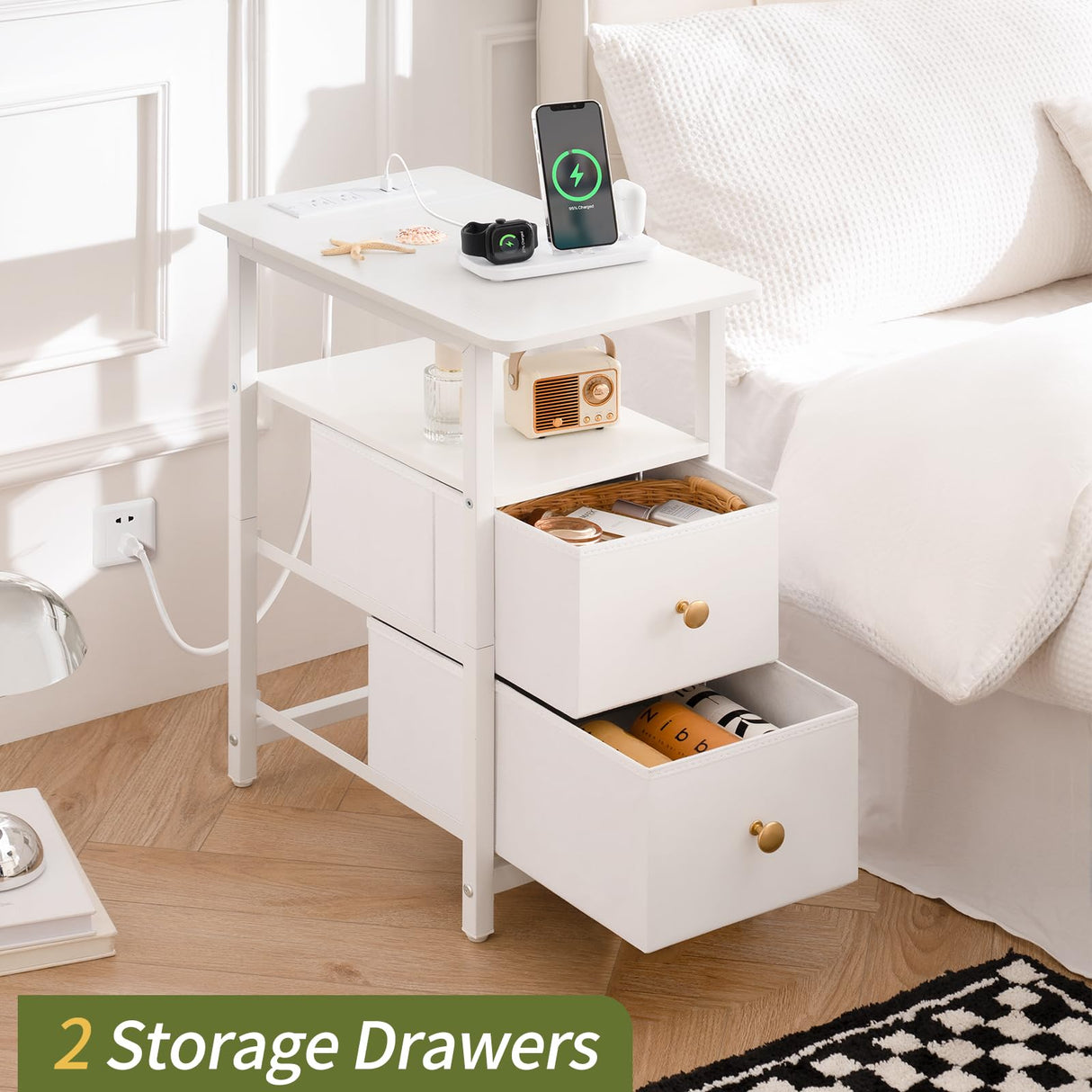 Yoobure End Table with Charging Station, Narrow Side Table LED Small Night Stand, Skinny Nightstand with Fabric Drawers, Bedside Table End Tables Living Room, Side Tables Bedroom for Small Spaces Yoobure