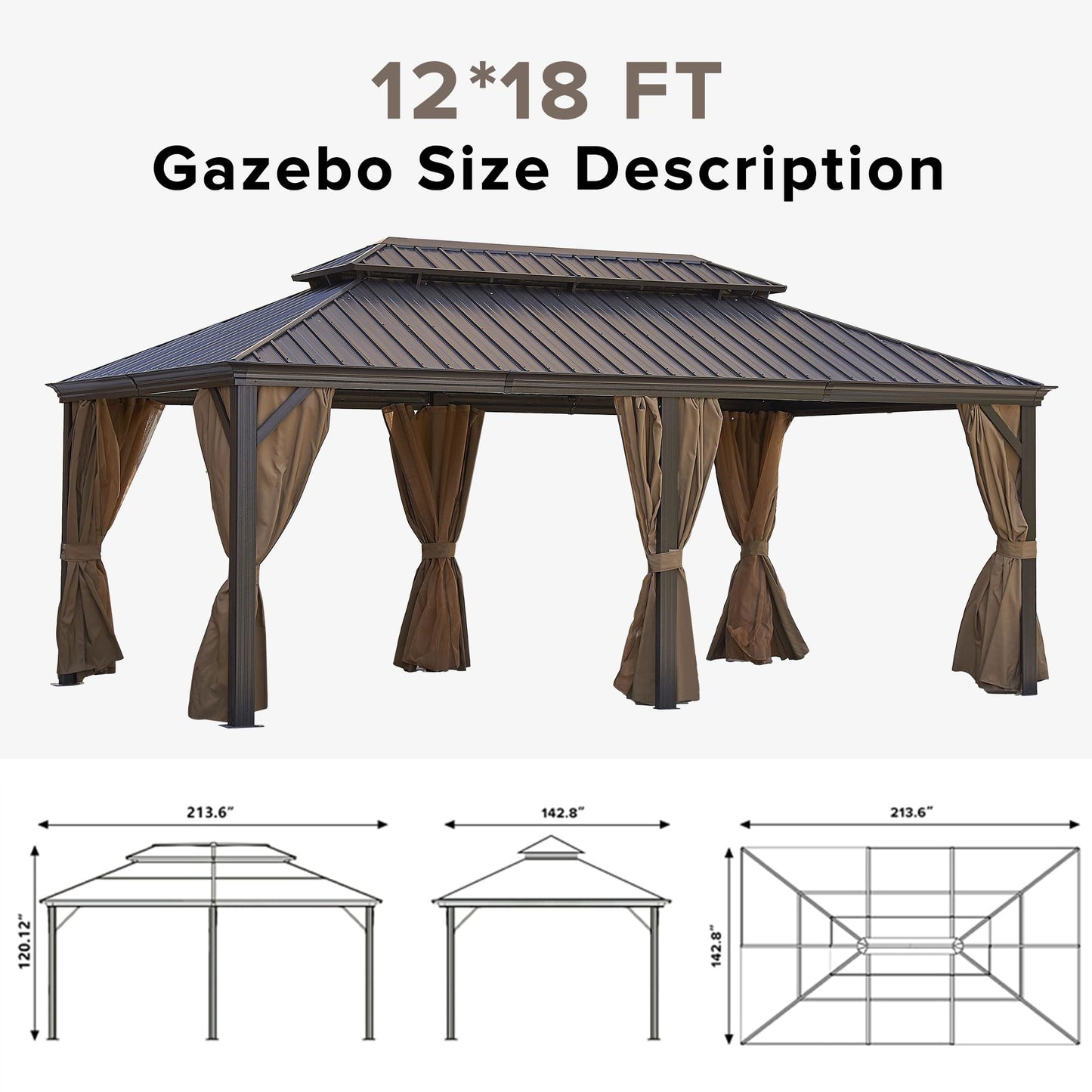 12x18Ft Hardtop Gazebo, Aluminum Frame Canopy with Double Galvanized Steel Roof, Outdoor Heavy Gazebo with Nettings and Curtains for Backyard, Patio and Deck (Brown 12x18 Ft) - WoodArtSupply