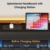 Fameill LED Full Size Bed Frame with Bluetooth Speaker & Charging Station, PU Leather Upholstered Platform Bed Frame with Modern Wave-Like Curve, Low Profile, Noise Free, No Box Spring Needed, Black Fameill