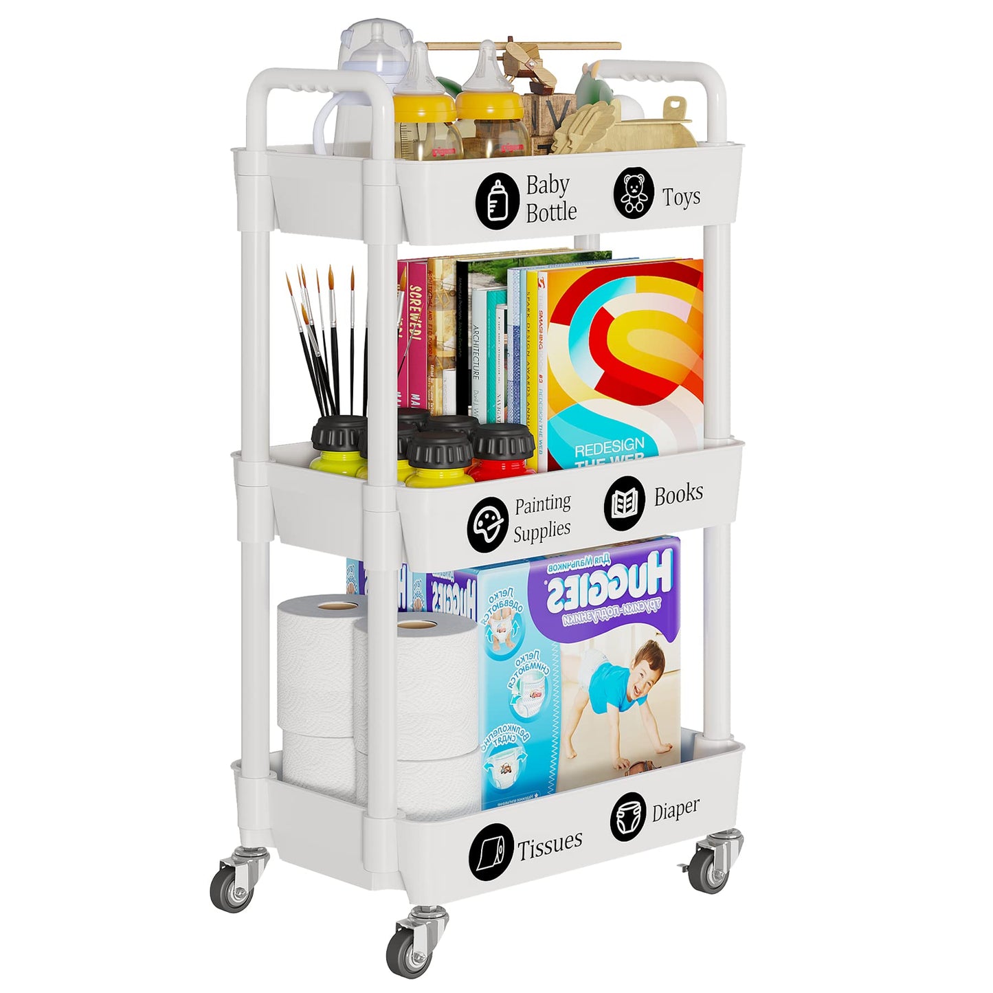 Laiensia 3-Tier Storage Cart,Multifunction Kitchen Storage Organizer,Mobile Shelving Unit Utility Rolling Cart with Lockable Wheels for Bathroom,Laundry,Living Room,With Classified Stickers,W - WoodArtSupply