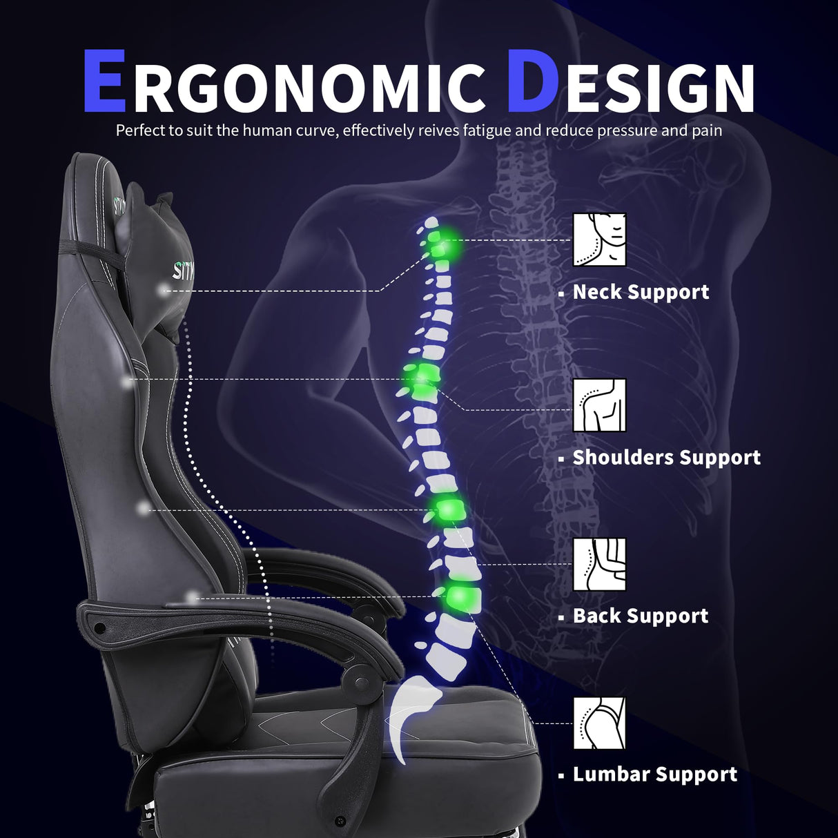 Gaming Chair for Adults, Big and Tall Gamer Chairs with Footrest and Lumbar Support, Height Adjustable Reclining Heavy Duty Computer Chair for Gaming Room, Living Room and Office SITMOD