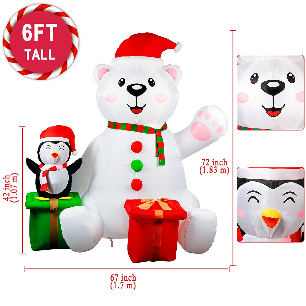 GUDELAK 6 Ft Christmas Inflatables Outdoor Decorations, LED Light Up Polar Bear and Penguin Inflatable Christmas Blow Up Yard Decorations for Garden Lawn Indoor Xmas Holiday Party Decor GUDELAK