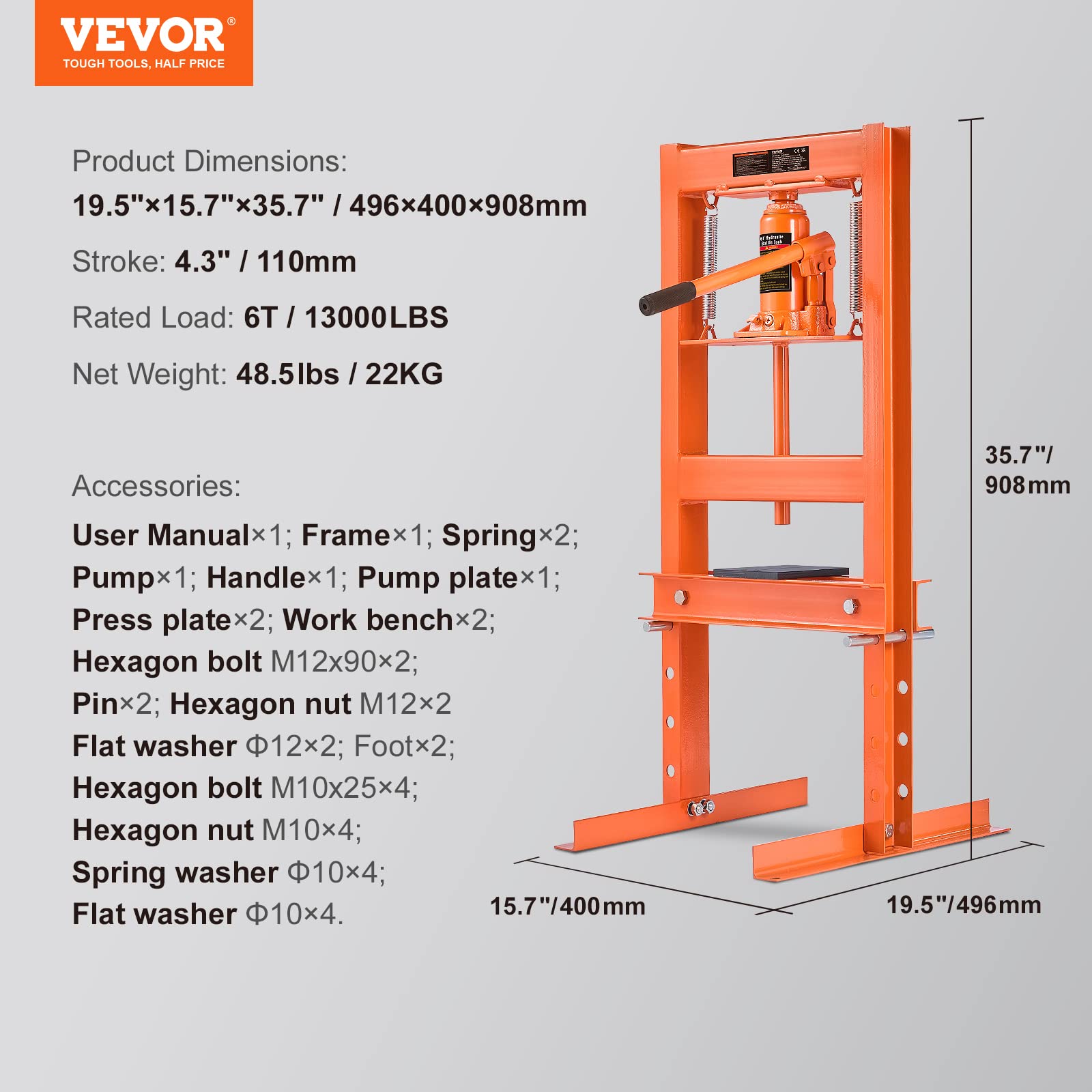 VEVOR Hydraulic 6 Ton H-Frame Garage Floor Adjustable Shop Press with Plates, 6T, Orange - WoodArtSupply